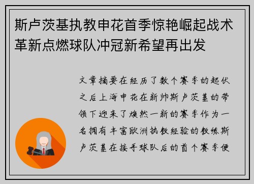 斯卢茨基执教申花首季惊艳崛起战术革新点燃球队冲冠新希望再出发