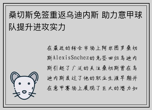 桑切斯免签重返乌迪内斯 助力意甲球队提升进攻实力 桑切斯免签重返乌迪内斯 助力意甲球队提升进攻实力